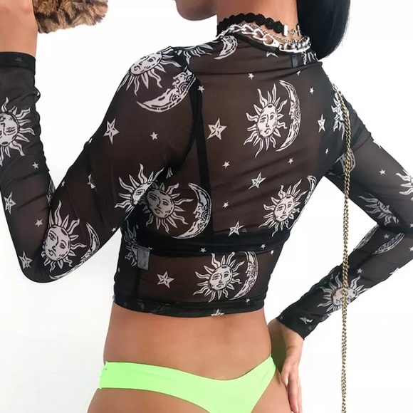 Punky Cosmic Sun Moon Sheer Mesh Crop Top - Picture 8 of 8